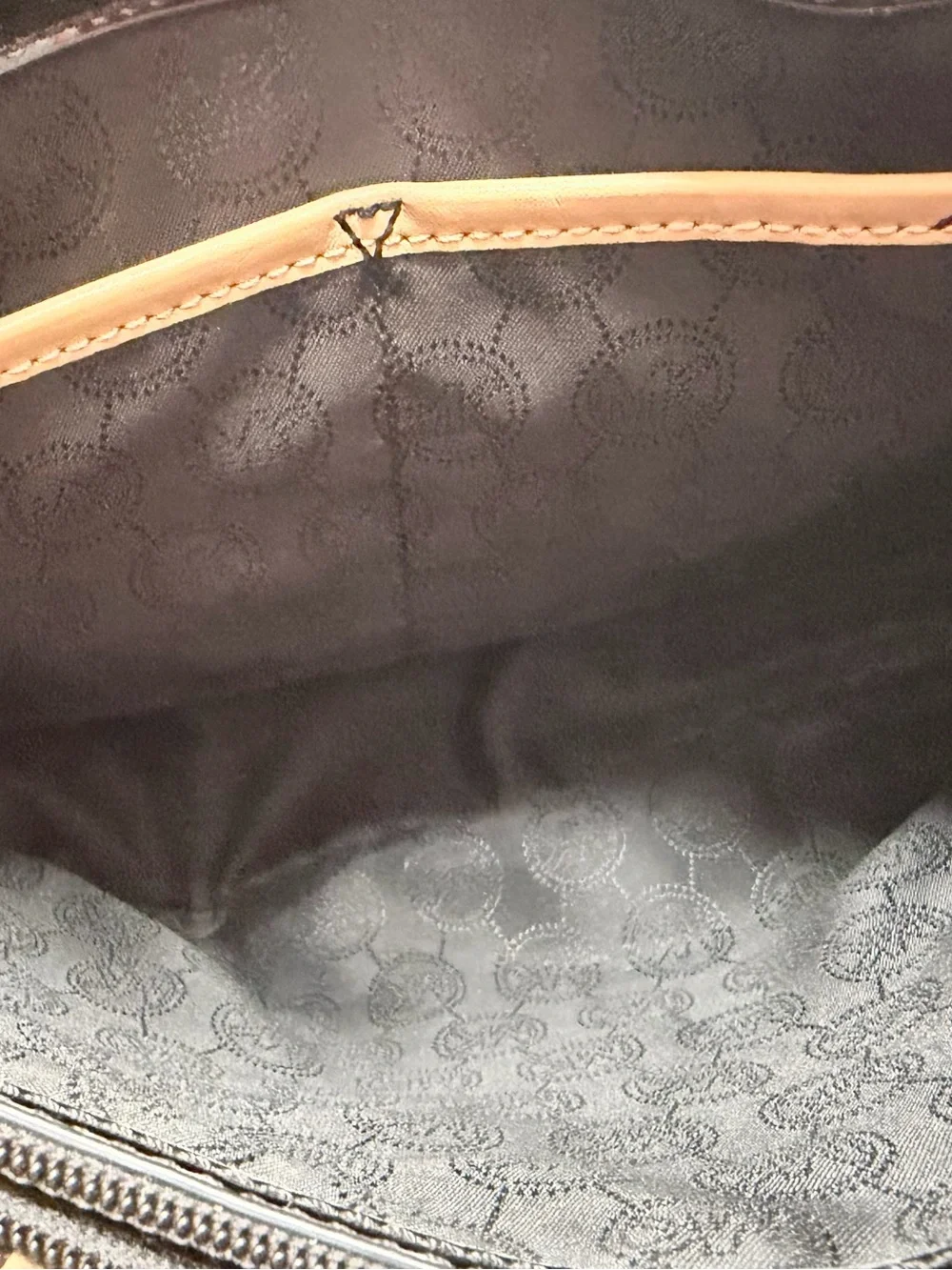 Michael Kors Black Patent Shoulder Tote with Tan Trim and Gold Charm